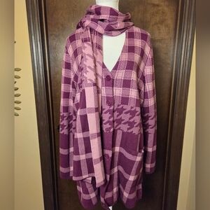 Isaac Mizrahi Pink & Purple Plaid Cardigan Sweater With Scarf